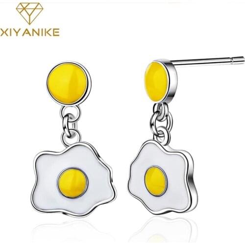 XIYANIKE 925 Sterling Silver Prevent Allergy Drop Earrings for Women Couple Creative Cartoon Cute Poached Egg Geometric Jewelry