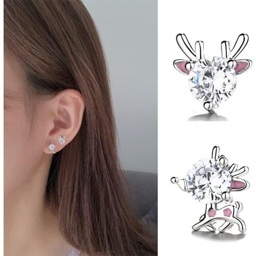 Pink Deer Earrings for Women Jewelry Lovely Girl Stud Earrings with Zircon Christmas Gift Silver color Jewelry Asymmetric Style