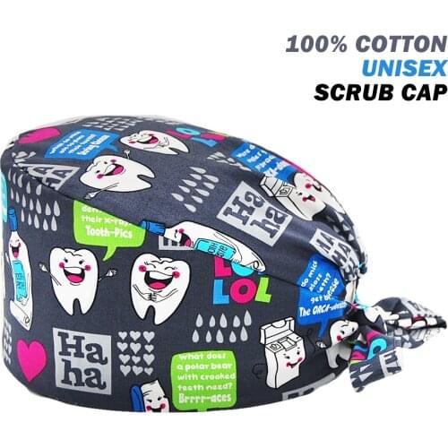 Women Surgicals Caps 100% Cotton Adjustable Beauty Shop Lab Dental Nursing Hat Teeth Printing Workers Nurse Scrub Cap Wholesale