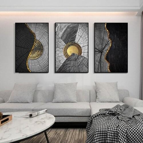 Nordic Abstract Golden Black Wood Texture Canvas Painting Posters and Prints Modern Wall Art Pictures for Living Room Home Decor