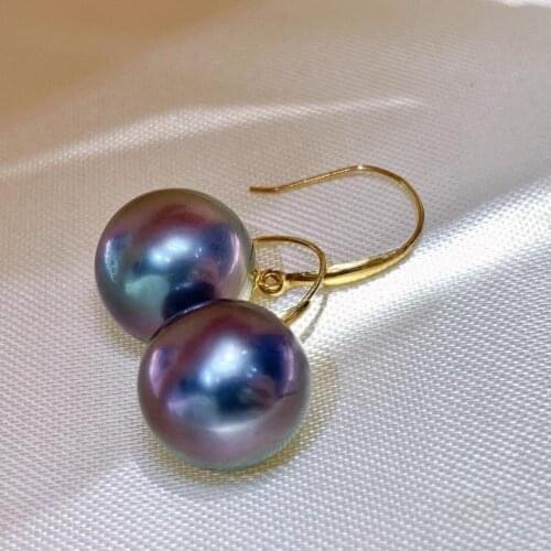 HENGSHENG New Rare 10.1mm Dahiti Peacock Purple Is Round Strong Light Small Flaw 18k Ear Hook