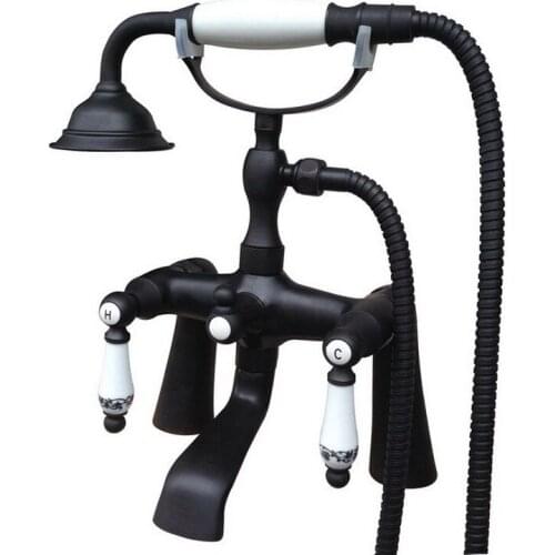 Bathroom Black Oil Rubbed Bronze Clawfoot Tub Faucet Mixer Tap w/ Handshower Ceramic Handles - Deck Mount atf506