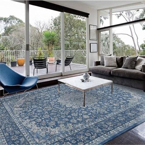 Vintage Bohemian Living Room Carpet Blue Area Carpet Persian Style Rectangular Carpet Bedroom Non-slip Decorative Carpet