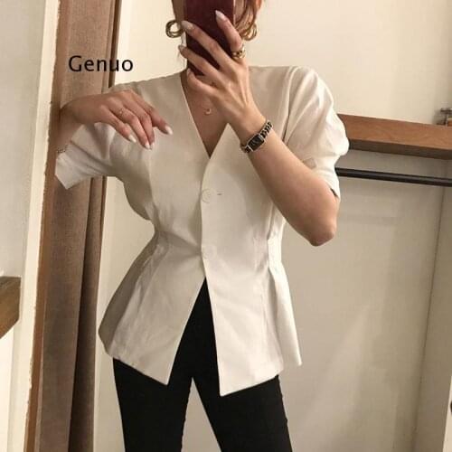 New 2021 Women Spring Summer Shirt Blouse V-Neck Korean Puff Sleeve Single Breasted Two Buttons Wild Lady Tops