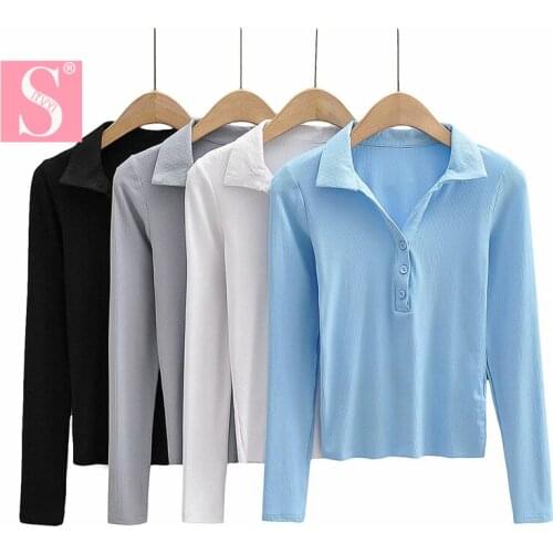 STVY Full Sleeve T-shirts For Women Turn-down Collar Tee Tops 2021 Spring Summer Basic Short Style T-shirts Garment