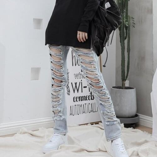Yamamoto style dark high street style show thin blue denim pants womens light color hole womens pants big size personality tre