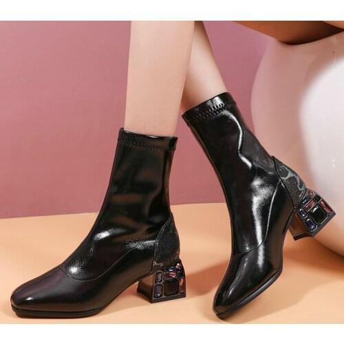 Spring Autumn Women Elastic Boots Rhinestone Decoration Square Root Round Toe Tight Fitting Short Boots Set on Women Winter Boot