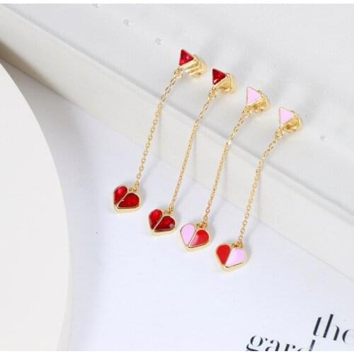 European and American sweet lady love glaze color matching shining red zircon heart-shaped pendant long earring earrings female