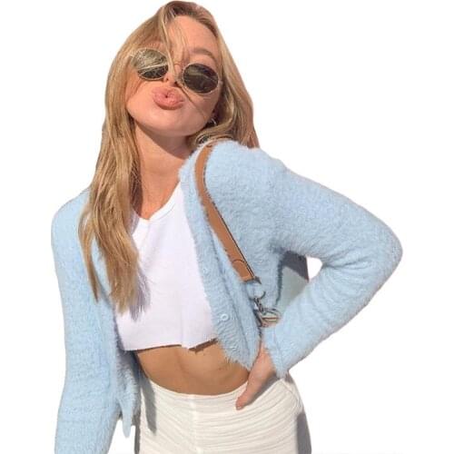 Ins Style Womens Solid Color Velvet Round Neck Long Sleeve Cardigan Crop Top Women Short Top Streetwear Ladies Autumn Tees