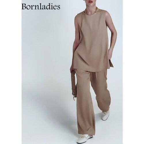 Bornladies Vintage Khaki Outfits Women Tank Top Straight Elastic Waist Pants Suit Female Basic Sleeveless Top Summer 2Piece Set