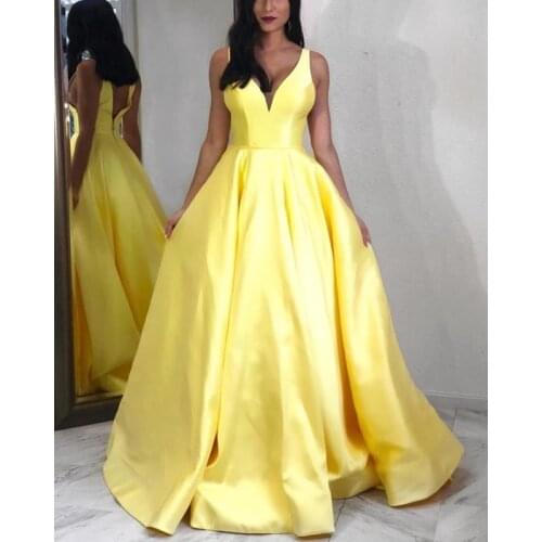 Yellow Long Satin Prom Dresses 2021 Double V Neck Sleeveless Formal Evening Party Gown Robe De Soiree