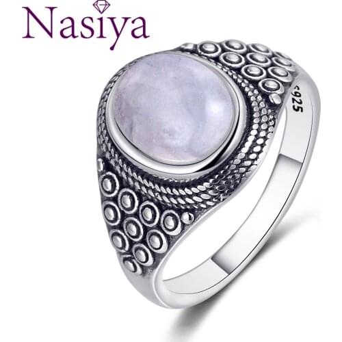 Nasiya Punk Oval Natural Moonstone Rings For Women 925 Silver Gemstone Moonstone Jewelry For Women Party Birthday Gift Daily