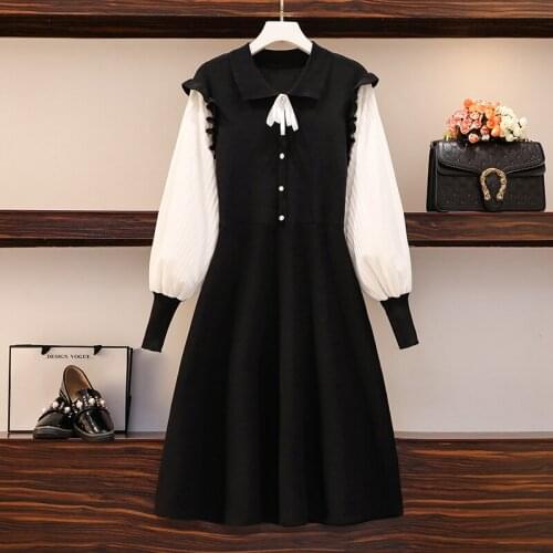 Large Womens Autumn New Fake Two Piece French Loose Slim Hepburn Knitted Dress