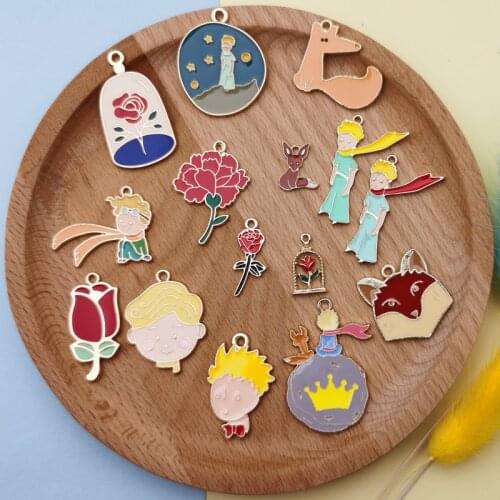 10pcs Cartoon Little Prince Fox & Roses Enamel Charms Metal Boy Flowers Pendants DIY Earring Bracelet Jewelry Accessories Girls