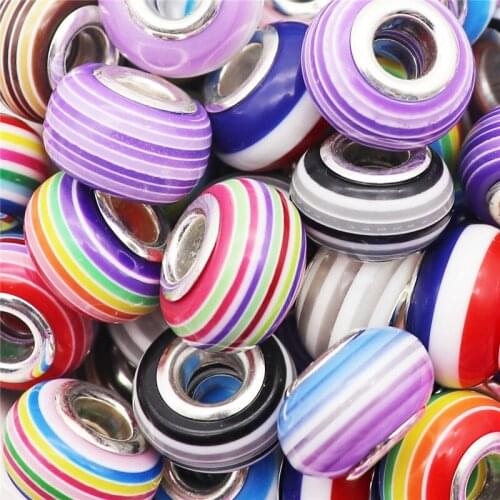 10 Pcs New Color Rainbow Plastic Resin Large Hole European Spacer Beads Charms Fit Pandora Bracelet Bangle for Jewelry Crafts