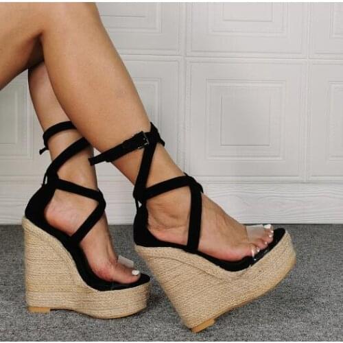 100% Real Photos Girls Black Clear PVC Wedge Sandals Cross Cuts Out Buckle Strap Platform Casual Peep Toe Sandals Shoes Big Size
