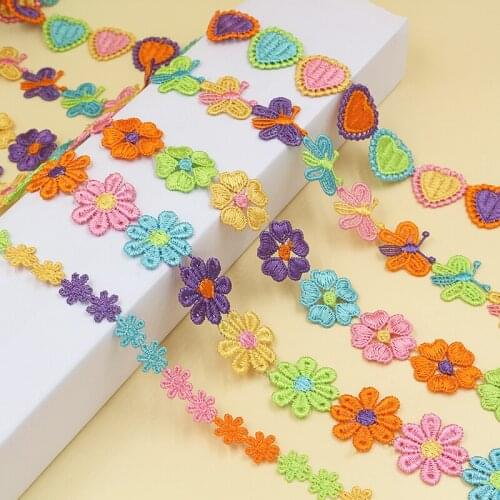 3M Embroidery Lace Ribbon Fabric Guipure Colorful Small Daisies Flower Butterfly Love Heart Lace Applique Sewing Trim Collar