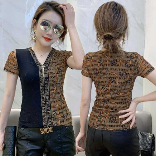 #6080 Summer Short Sleeve T Shirt Women Spliced Color Sexy Slim V Neck Diamonds Womens Tee Shirts Mesh T Shirts Female Mesh Top