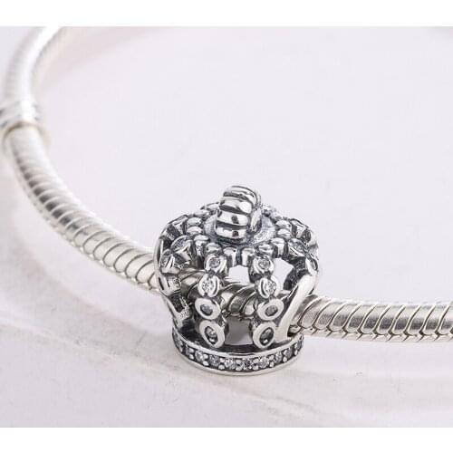925 Sterling Silver CZ Inlaid Zircon Retro Fairytale King Crown Beaded Pendant Charm Bracelet DIY Jewelry For Original Pandora
