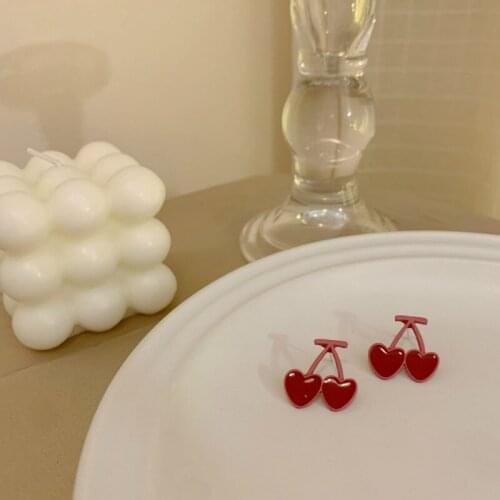 925 Heart Cherry Shaped Stud Earrings Hip Hop Red Color Geometric Earrings For Women Unusual Sweet Elegant Metal Earrings 2021