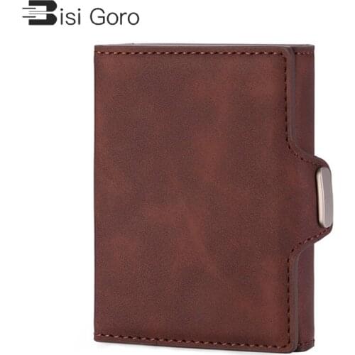 BISI GORO Business Credit Card Holder with Button Travel Passport Wallet PU Aluminum RFID Multifunctional Card Case Organizer