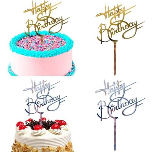 Colored Flowers Happy Birthday Cake Topper Golden Birthday Dessert Supplies for Baking Decoration Party