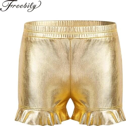 Kids Girls Shiny Metallic Elastic Waist Ruffled Tumbling Bottoms Ballet Gymnastics Shorts Stage Performance Dance Wear