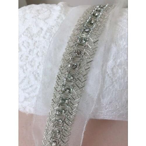Hot New Silver Beaded Lace Trim, 5cm Pearl Lace Trim On Mesh, Rhinestone Chain Trim For Bridal Sash, Costume Design