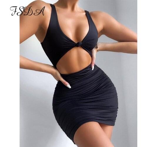 FSDA 2021 Summer V Neck Bodycon Dress Women Mini Sexy Bandage Hollow Out Y2k Sleeveless Beach White Backless Party Dresses
