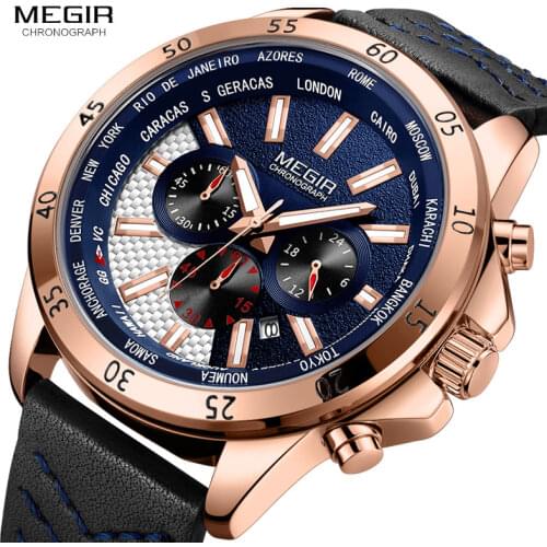 MEGIR Mens Waterproof Leather Strap Sports Quartz Watches Luminous Chronograh Army Wristwatch for Man Relogios 2103 Rose blue