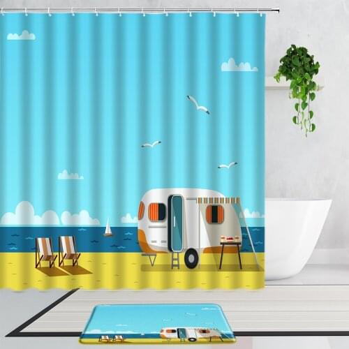 Cartoon Camping Car Shower Curtains Beach Palm Tree Surfboard Camper Holiday Poster Bathroom Non-Slip Mat Carpet Bath Screen Rug
