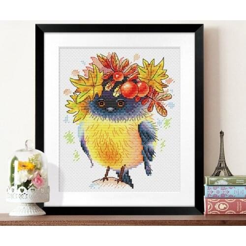 A bird in the fall cross stitch kit DMC brand thread animal dog count canvas fabric embroidery handmade needlework