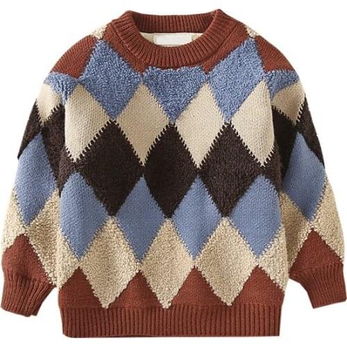 Ins Autumn Winter Girls Sweaters Children Pullover Cotton Knitwear Kids Diamond Pattern Thicken Sweater for Girls Clothing Tops