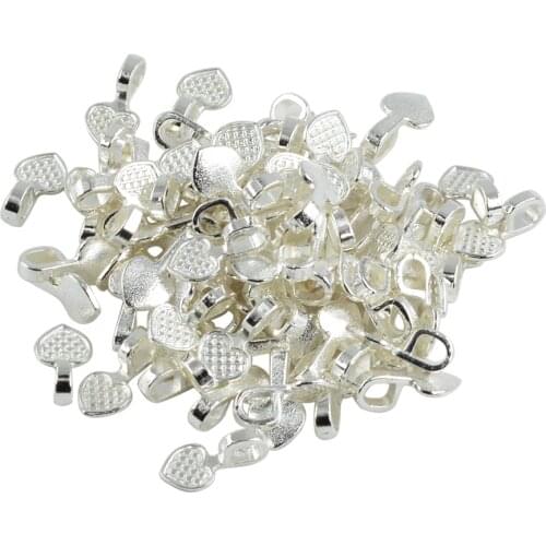 100 Pieces/Pack Silver White Heart Shape Glue on Bails Cabochon Base Setting Making Design