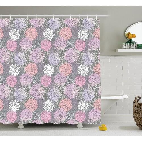 Pink and Grey Shower Curtain Blossom Bouquet Botanical Foliage Shabby Chic Essence Chrysanthemum Waterproof Bath Curtains