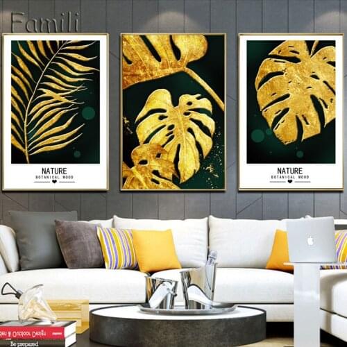 Nordic Unique Imagen Gold Leaves Green Plant Modern Poster And Print Abstract Simple Wall Art For Living Room Aisle Home Decor