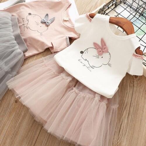 Baby Girls Rabbit Clothing Set Summer Shoulder Off Cotton T Shirt And Mesh Lace Skirt Kids Girls 2Pcs Outfits Clothes Suit