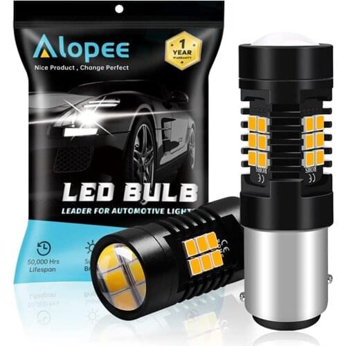 2pcs 1157 BAY15D 2057 2357 7528 Non-Polarity 2835 21 SMD LED Light Amber/Yellow with Projector Len Tail Stoplight Bulbs 9-30V DC