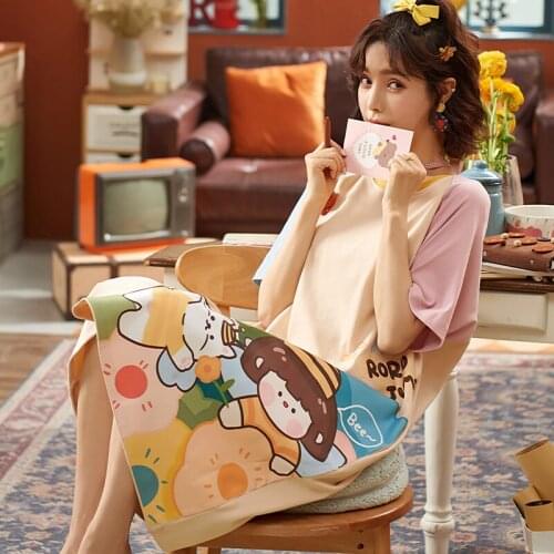 Korean Sweet Cartoon Women Night Dress Fashion Two-color Patchwork Short Sleeve Female Homewear Summer Plus Size Cute Sleepwear