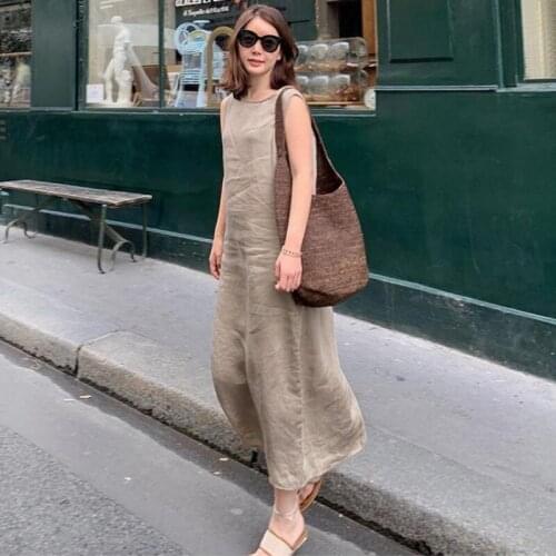 High-end Women O Neck Short Sleeve Sundress Summer Solid Cotton Linen Dress Split Long Vestido Female Robe Casual Party Dress