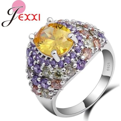 Top Quality 925 Sterling Silver Created Yellow Wedding Finger Rings Elegant Brand Jewelry Purple CZ Austrian Crystal Bague