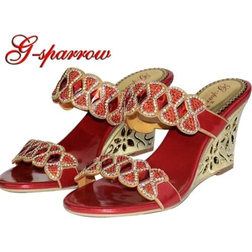 Woman Wedges Summer Sandals HIgh Quality Rhinestone Bow Flower Slippers High-heeled Sandal Restroom Shoes Honeymoon Pumps