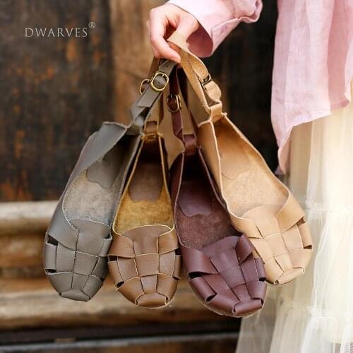 Handmade Gladiator Sandals Women Genuine Cow Leather Weave Cover Heel Buckle Strap Rome Summer Casual Lady Flat Shoes