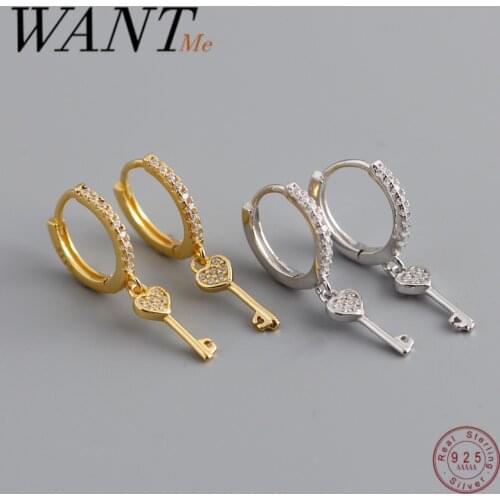 WANTME Genuine 925 Sterling Silver Luxury Pave Zircon Key Stud Earrings for Fashion Women Punk Rock Party Jewelry Accessories