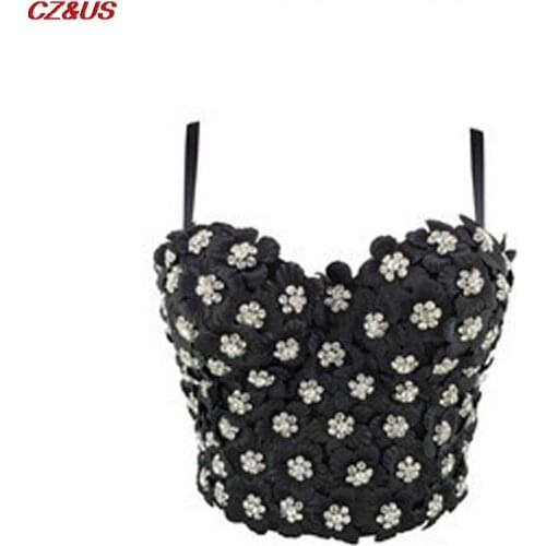 Summer 2021 High Street Folwer Diamonds Camis Crop Tops Women Sexy Designer Beading Crystal White Black Cotton Camisole Tops