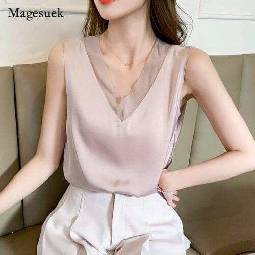 Plus Size 2021 Summer Women New Silk Sleeveless Tops V-neck Base Chiffon Blouse for Women Elegant Simple Loose Shirt Blusa 15864