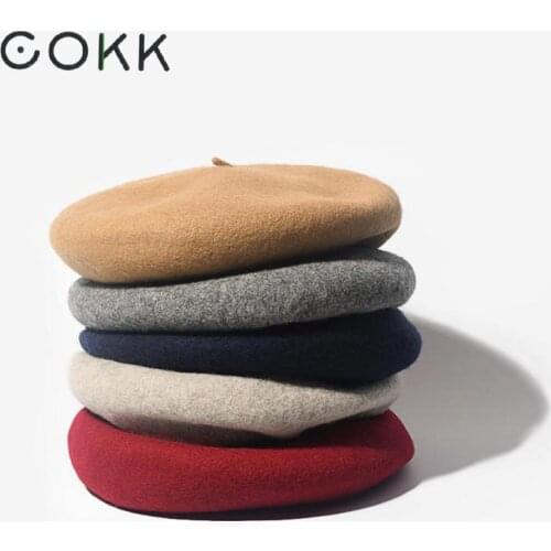 COKK Wool Beret Female Winter Hats For Women Flat Cap Knit 100% Cashmere Hats Lady Girl Berets Hat Female Bone Tocas Painter Hat