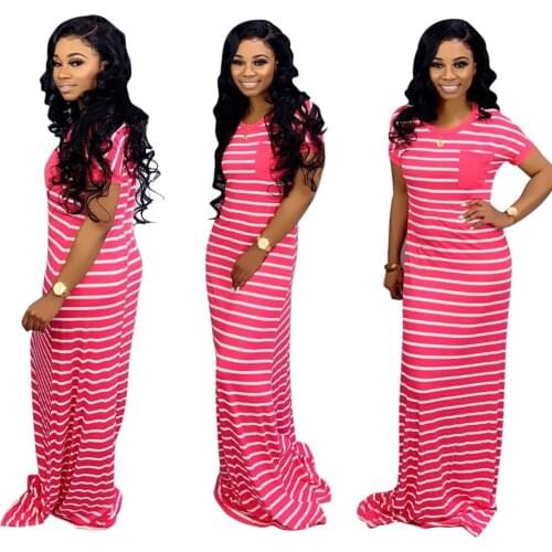 2019 new women stripes short sleeve o-neck floor length slim maxi dress holiday casual daily long dresses vetidos outfit Z012