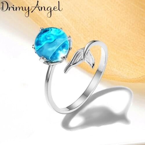 Charming Boho Korean Open Adjustable Size Crystal Mermaid Tail Rings for Women Wedding Ring Jewelry Valentines Day GIFT