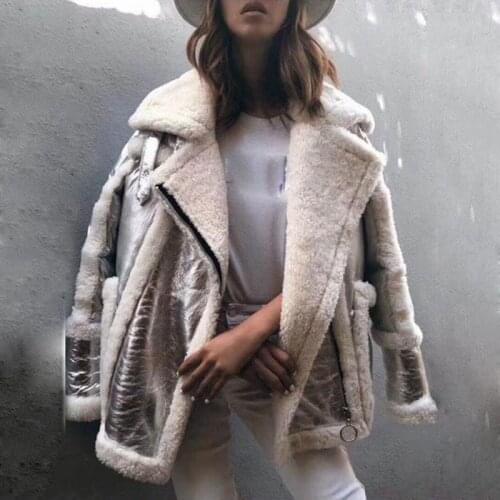 Winter Women Coat Genuine Sheepskin Leather Sheep Fur Duck Down Coat Female Jackets Silver Color Loose Size Turn Down Collar